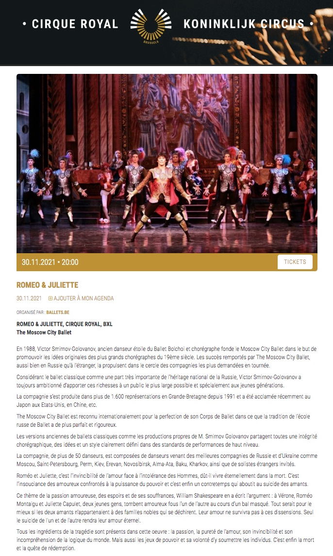 Page Internet. Cirque Royal, Bruxelles. Romeo & Juliette - The Moscow City Ballet. 2021-11-30